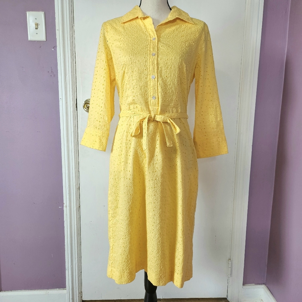 Talbots Yellow 100% Cotton Floral Eyelet Collared 3/4 Sleeve Summer Midi Dress